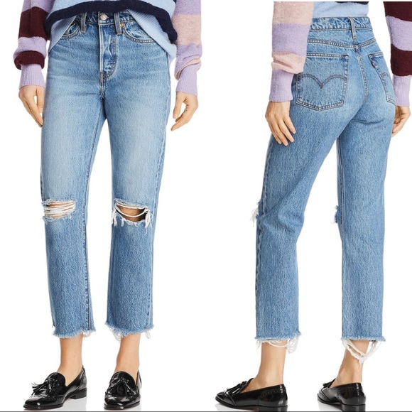 ripped high rise straight leg crop raw hem jeans